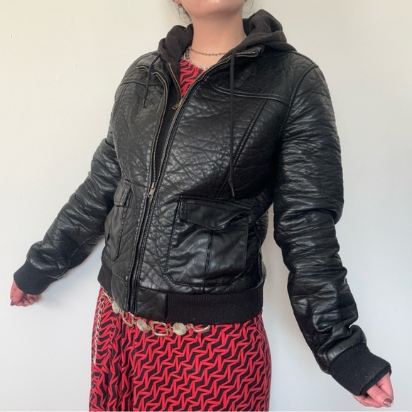 Obey Propaganda Black Faux Leather Hooded Jacket - Picture 3 of 12